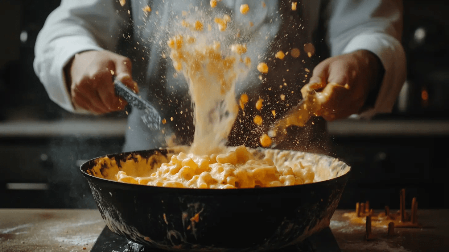 Gordon Ramsay's mac and cheese with creamy cheese sauce and golden, crispy topping.