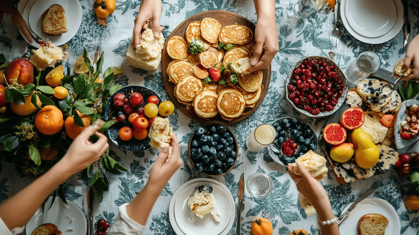 Fluffy baked pancakes with syrup, fruit, and powdered sugar on a sheet pan, ideal for a quick breakfast.