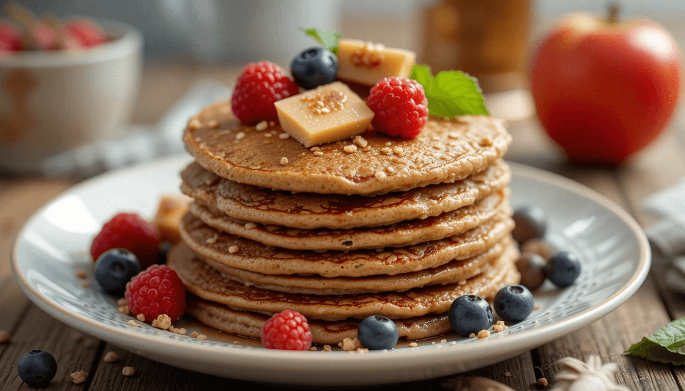 Stack of fluffy buckwheat and quinoa flour pancakes topped with fresh berries and syrup.