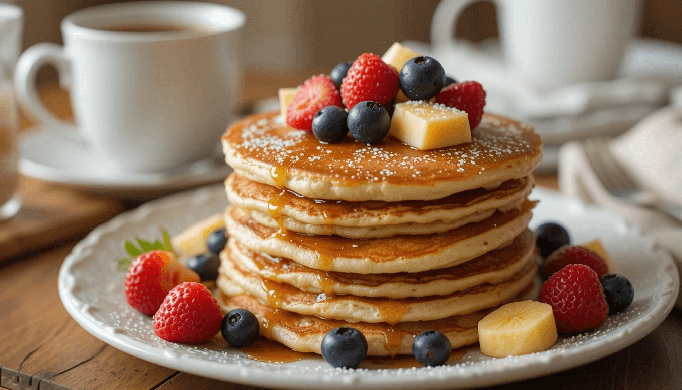 Stack of golden-brown pancakes inspired by the Cracker Barrel recipe, topped with butter and maple syrup, served on a rustic plate.