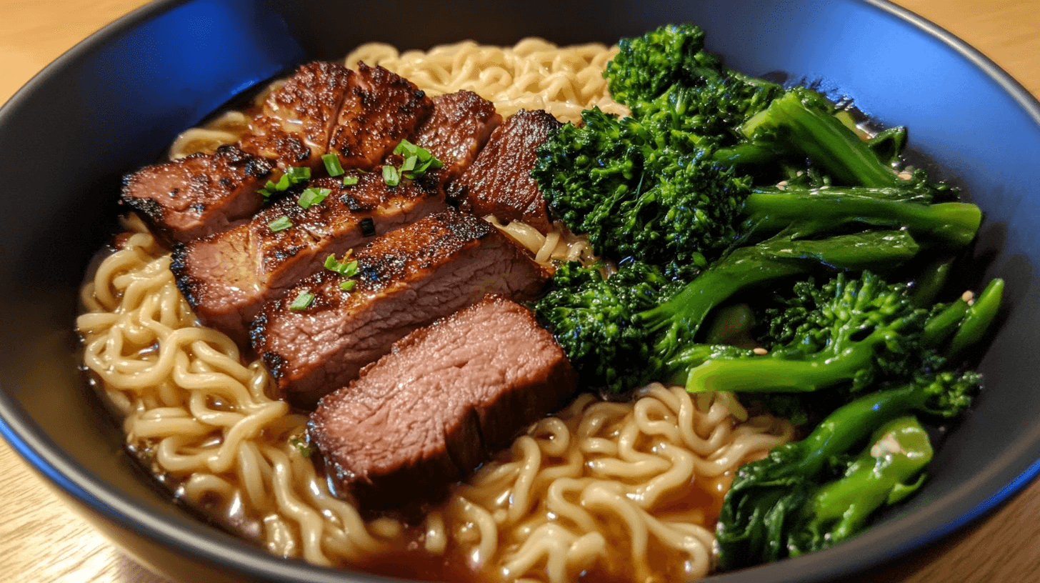 Bowl of ramen with broccolini, noodles, and savory broth, garnished with green onions.