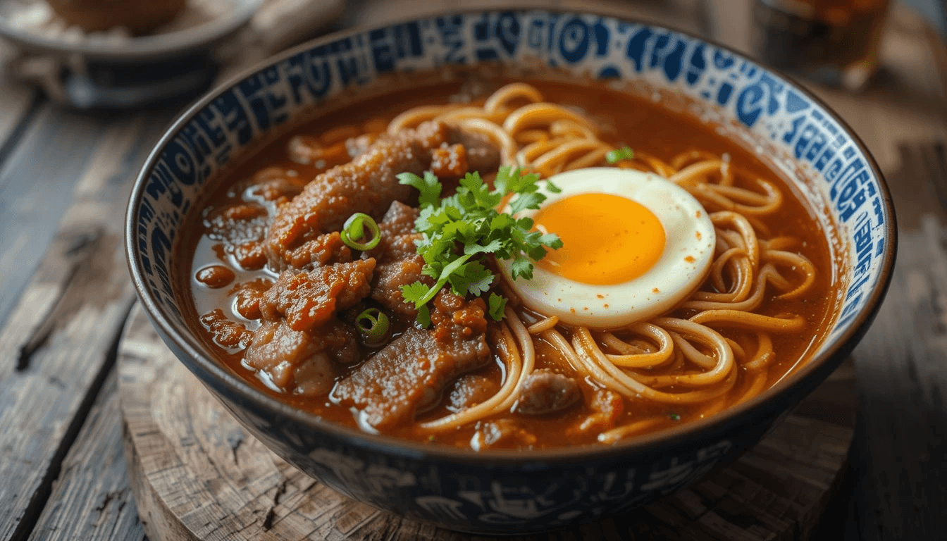 A steaming bowl of spicy beef ramen soup with tender beef slices, a soft-boiled egg, chili oil, and fresh green onions in a rich, flavorful broth.