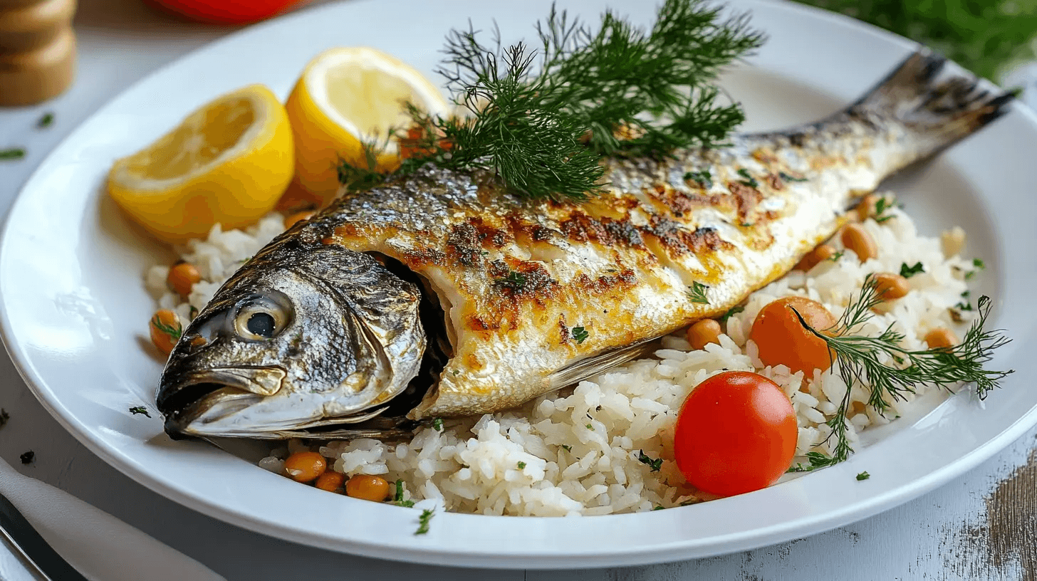 Freshly cooked rockfish fillet served with lemon slices and herbs on a white plate.