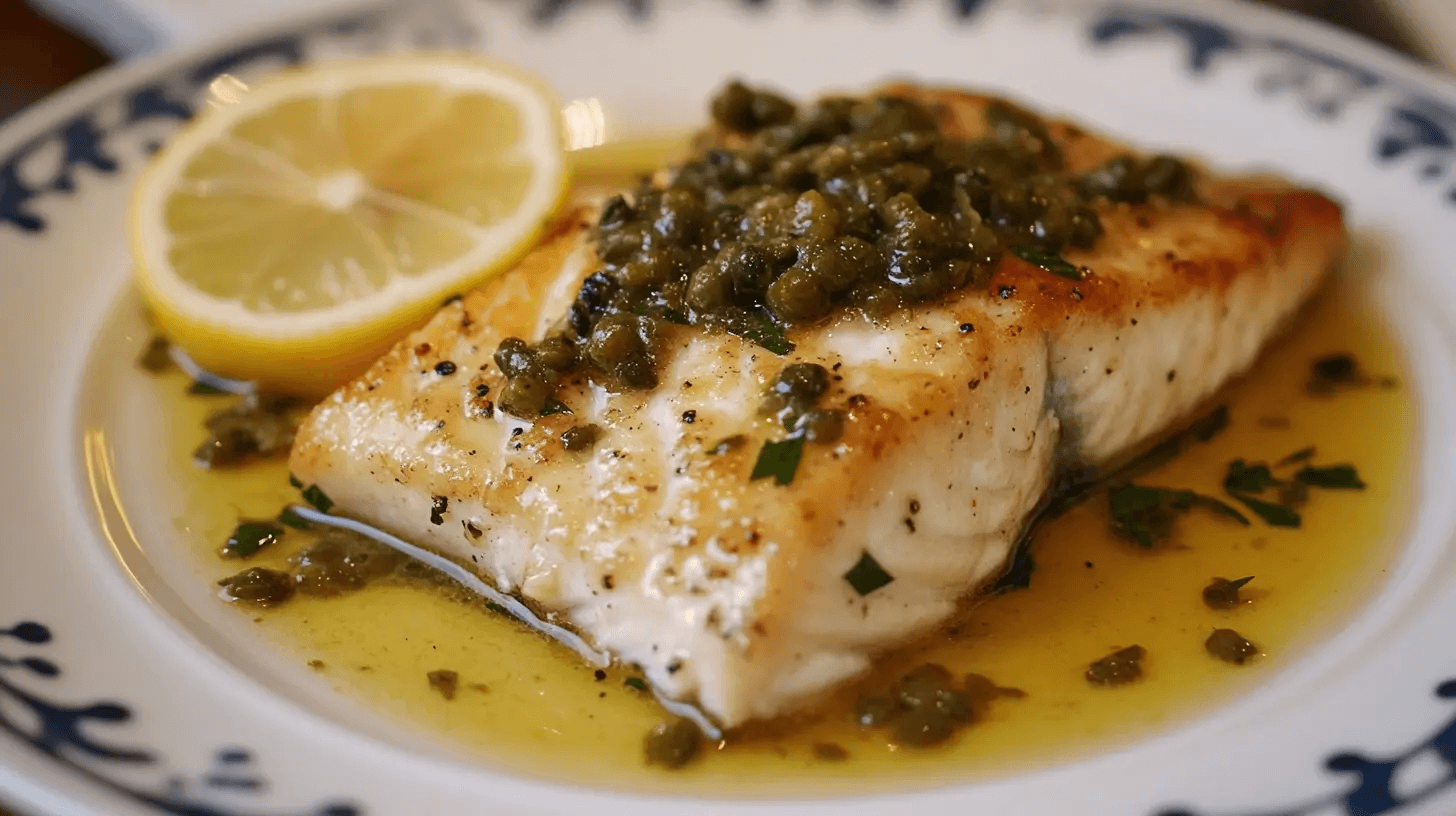 A deliciously prepared rockfish dish served with fresh herbs, lemon slices, and a colorful vegetable medley.