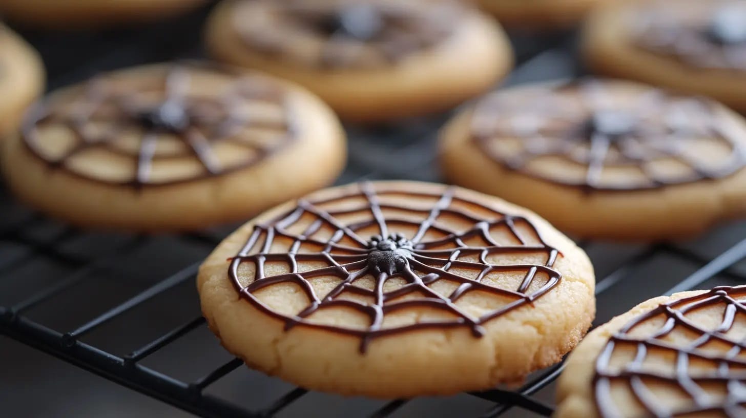 Spider web cookie stamp cookies on a tray, perfect for Halloween treats.