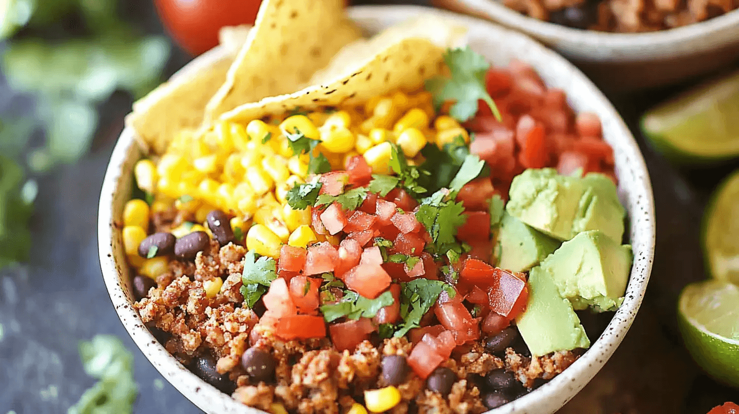 Taco bowl with seasoned beef, rice, fresh veggies, and toppings like cheese and salsa.