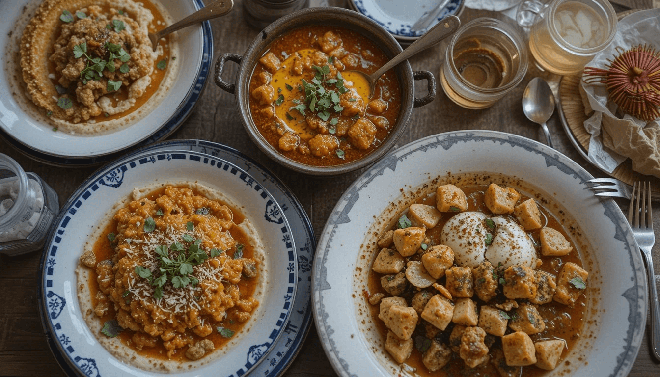 Various Arabic breakfast food recipes including hummus, shakshuka, and ful medames.