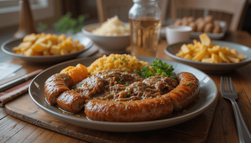 Delicious homemade beef sausage served with vegetables and herbs, perfect for various beef sausage recipes.