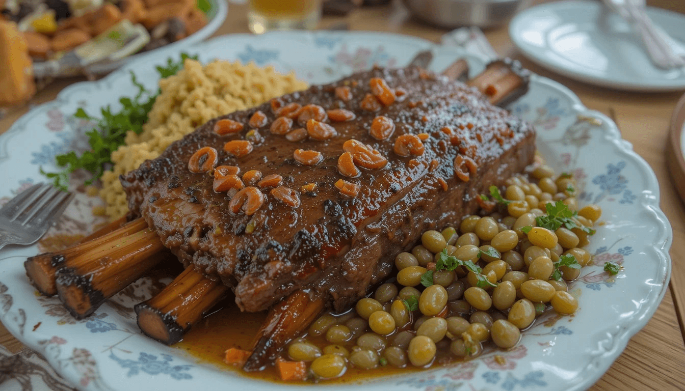 Juicy beef back ribs glazed with barbecue sauce, served with grilled vegetables and a side of dipping sauce.