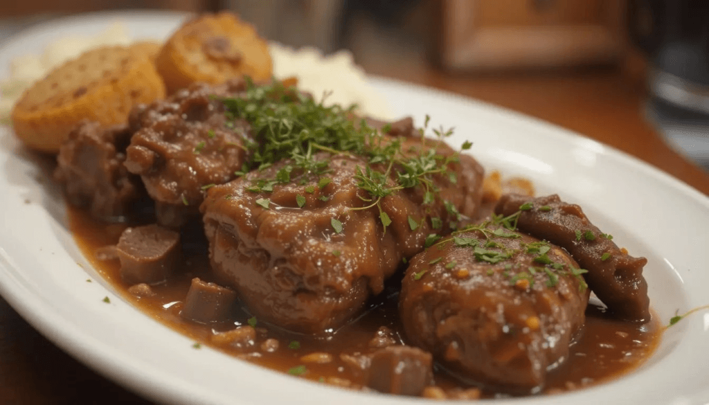 Beef kidney recipe French rognon with mustard sauce and sautéed vegetables.