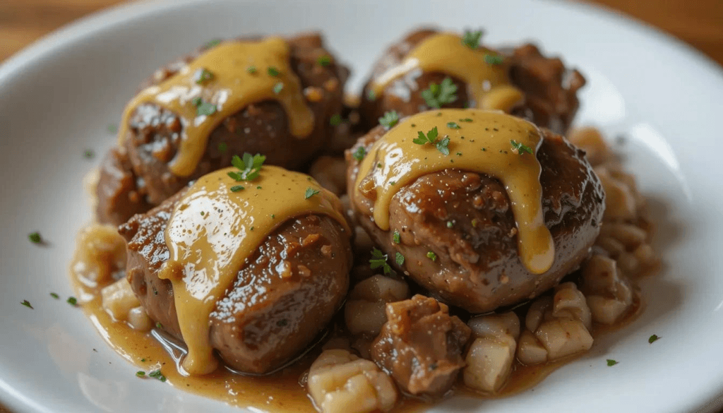 Beef kidneys with mustard sauce served on a plate with garnish.