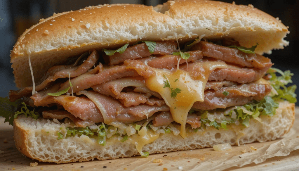 Close-up of a beef and cheese deli sandwich with melted provolone, thinly sliced roast beef, lettuce, tomato, and pickles on a toasted hoagie roll.