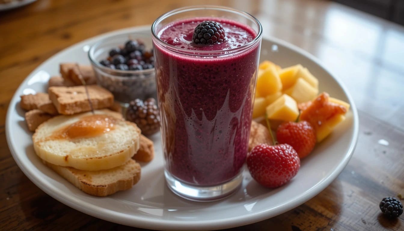 Black cherry and blackberry smoothie served in a clear glass, garnished with fresh berries and a mint sprig.