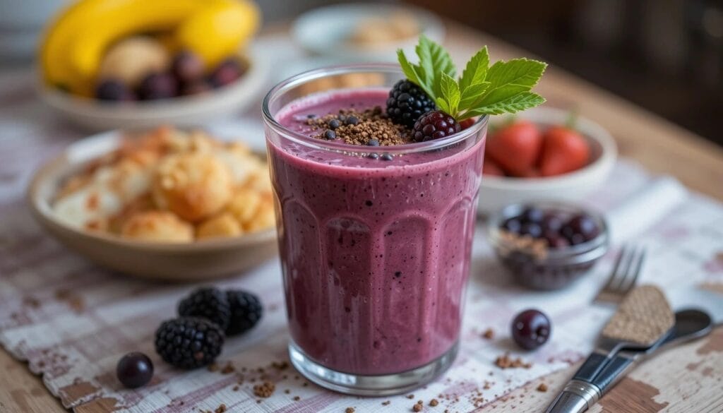 Black Cherry and Blackberry Smoothie served in a glass with fresh berries and a straw.