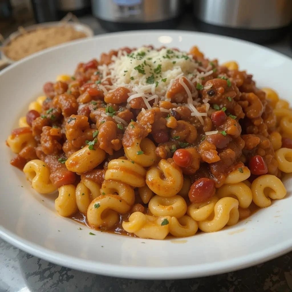 A delicious bowl of chilli con carne with macaroni, topped with cheese, sour cream, and fresh cilantro.