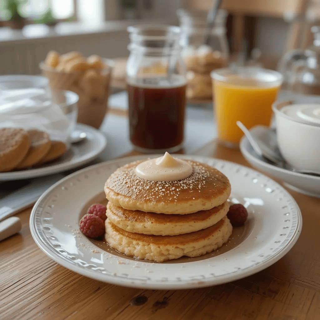 Plate of fluffy mini pancakes stacked high with fresh berries and syrup.
