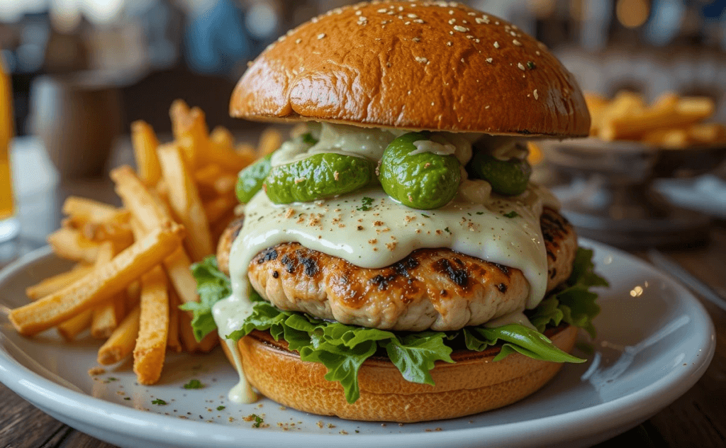 Vegetarian Black Bean Burger with crumbled Queso Cotija, corn, cilantro, and fresh toppings on a bun.
