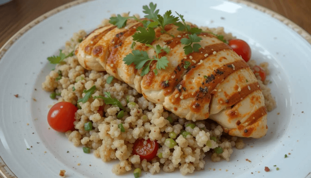 Grilled chicken served with quinoa salad, featuring fresh vegetables and a light dressing.