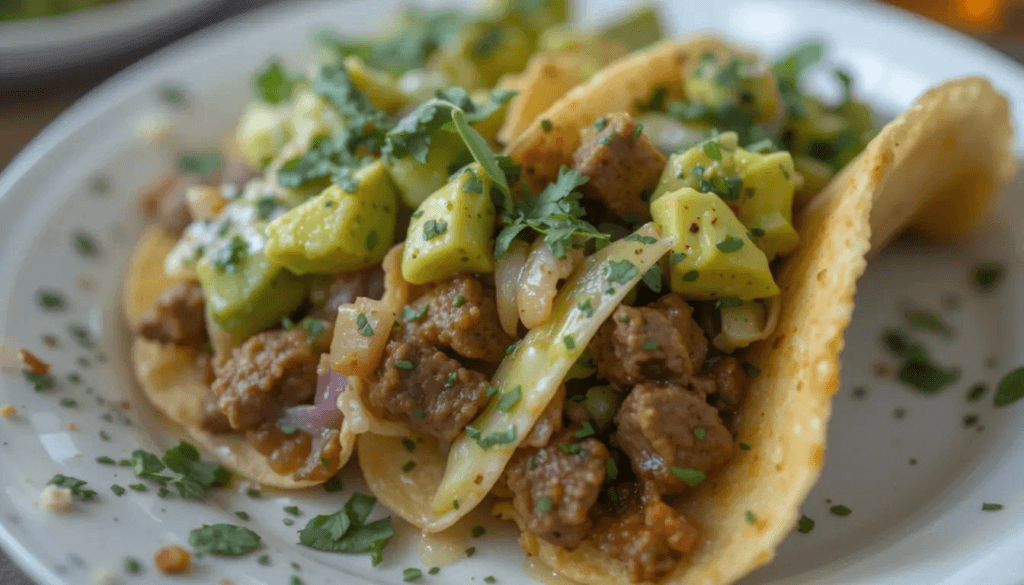 Lean beef tacos topped with avocado, served with fresh toppings and a side of salsa.