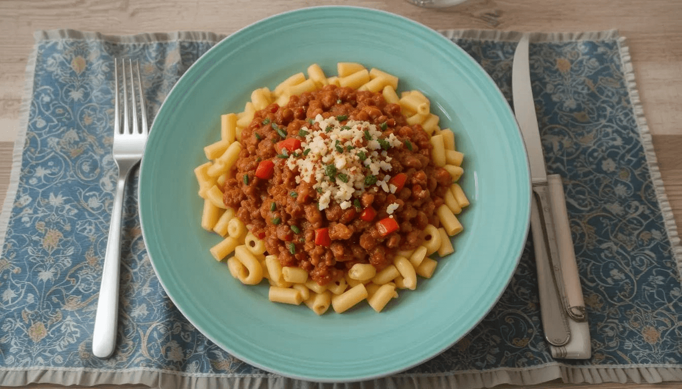 A bowl of chilli con carne with macaroni, topped with melted cheese and fresh herbs, showcasing the ultimate comfort food.