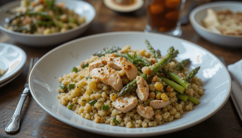 Meal with Asparagus, Turkey, and Quinoa served on a plate, showcasing a nutritious and delicious combination.