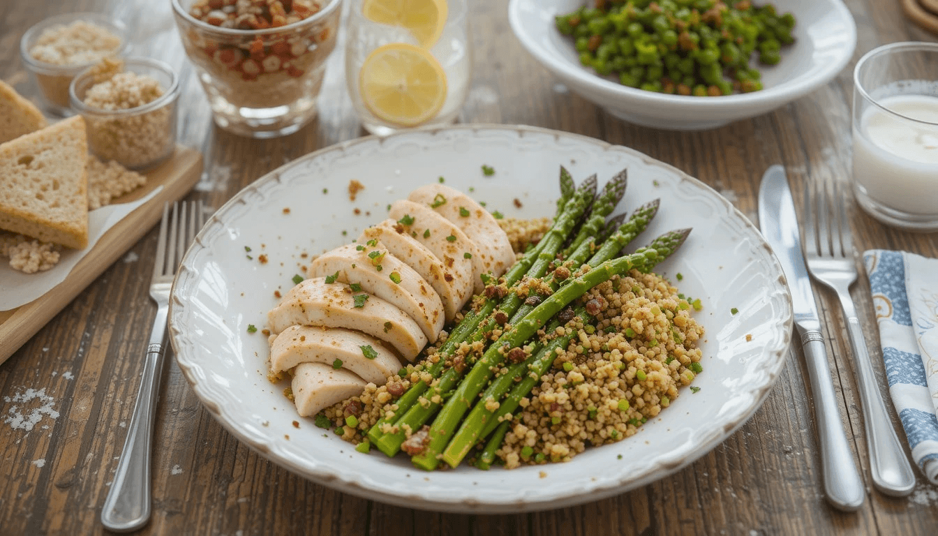 Nutritious meal with asparagus, turkey, and quinoa on a plate, showcasing a healthy and balanced dish.