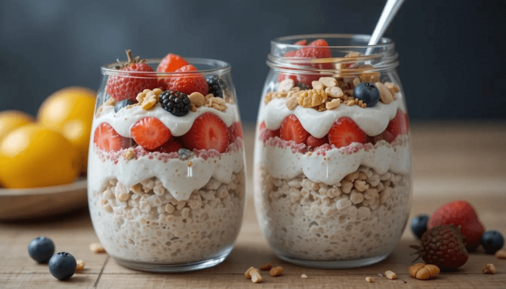 Layered parfait breakfast with yogurt, granola, and fresh berries