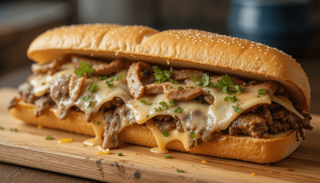 Close-up of a beef and cheese deli sandwich with melted provolone, thinly sliced roast beef, lettuce, tomato, and pickles on a toasted hoagie roll.