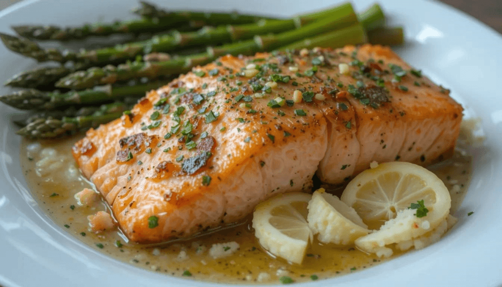 Baked salmon fillet served with roasted asparagus, a healthy and nutrient-rich meal.