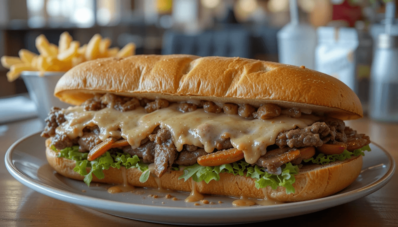 A hearty beef and cheese deli sandwich loaded with layers of roast beef, melted cheese, and fresh toppings on artisan bread.