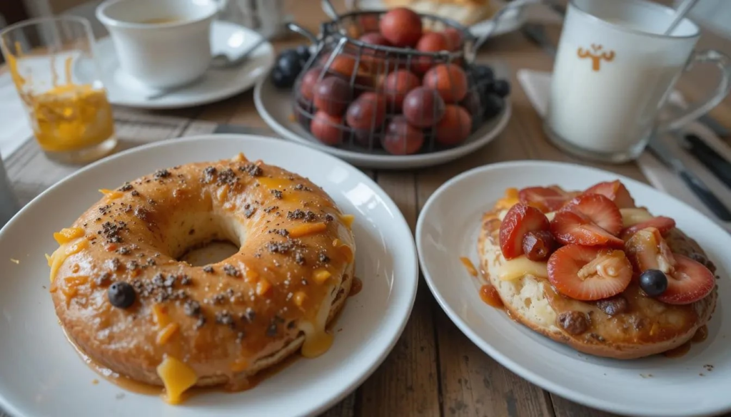 Freshly baked sourdough bagels with a golden crust and sesame seed topping.