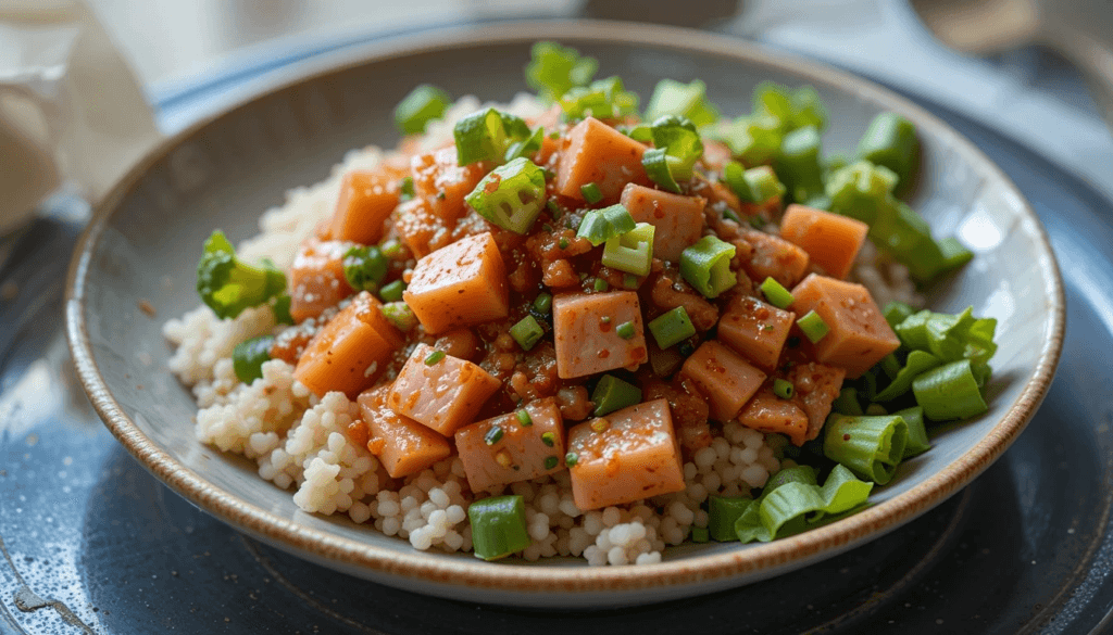 Ahi tuna poke bowl with diced tuna, fresh avocado, cucumber, scallions, and sesame seeds served over steamed rice.