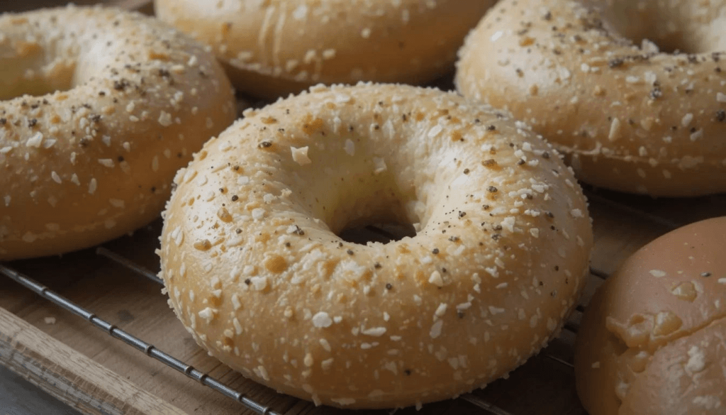  A batch of freshly baked sourdough bagels on a wire rack, showcasing their golden-brown crust and round shape.