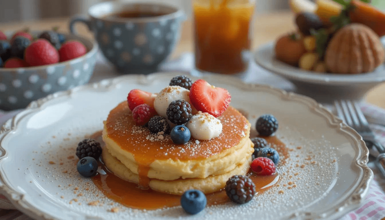 Mini pancakes stacked on a plate with syrup and fresh berries, showcasing a delightful bite-sized breakfast.