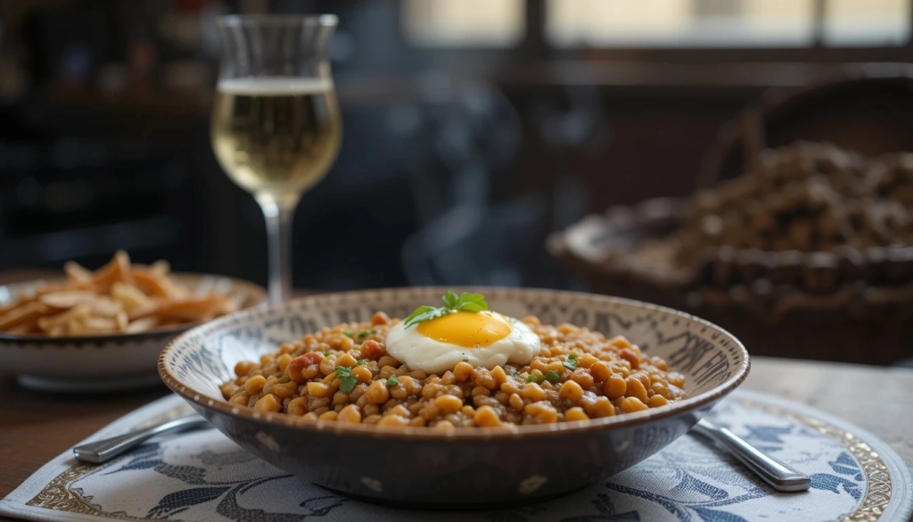 Traditional Arabic breakfast Ful Medames with fava beans, olive oil, and garlic.