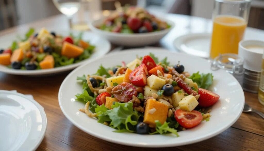 A fresh and colorful health salad made with leafy greens, vegetables, and chickpeas, topped with a light dressing.