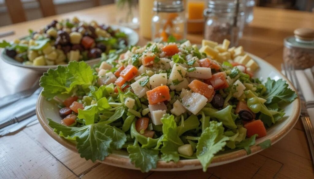  Colorful health salad with mixed greens, fresh vegetables, and a light vinaigrette dressing.