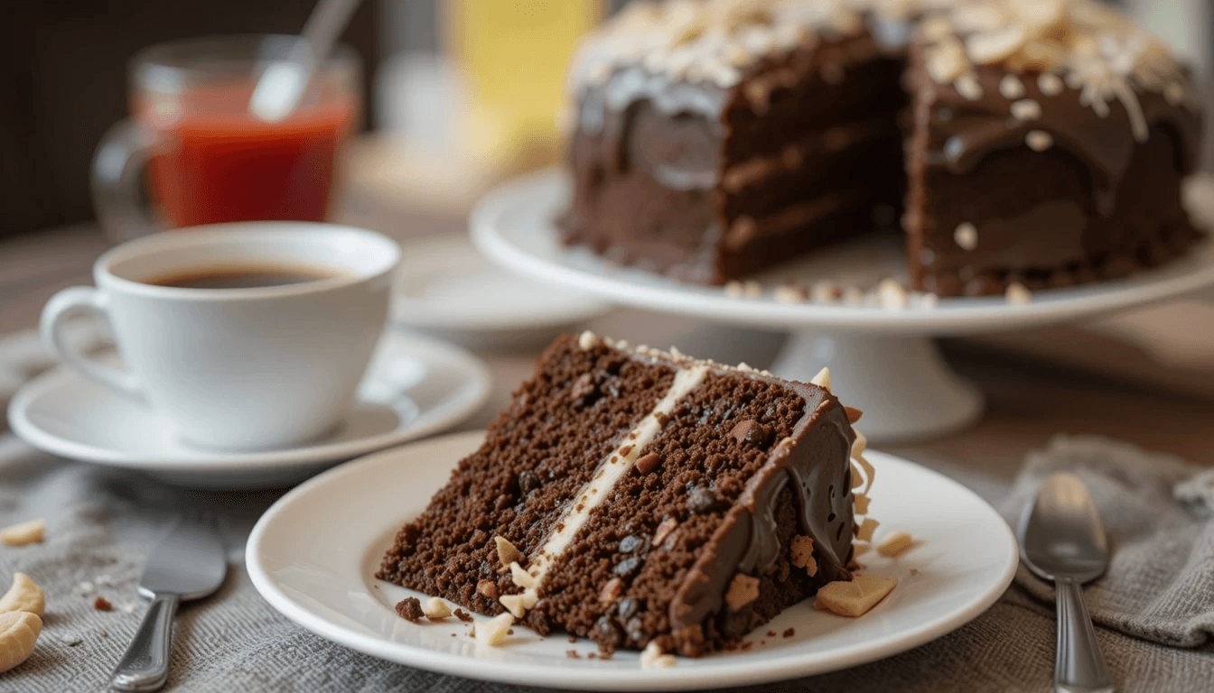 Mounds cake with rich chocolate frosting and creamy coconut filling.