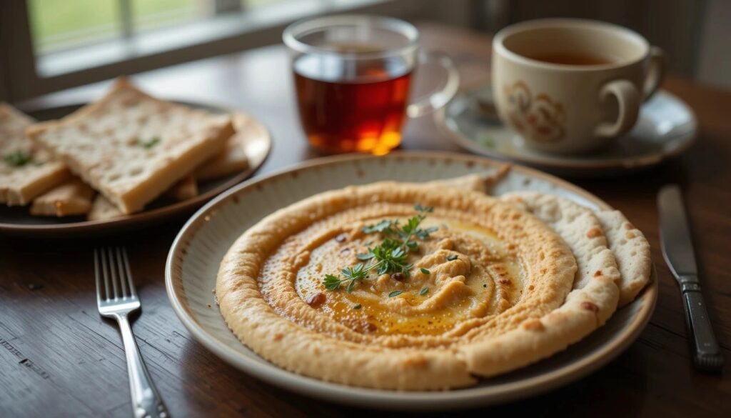 Traditional Arabic breakfast hummus served with pita bread and olive oil.