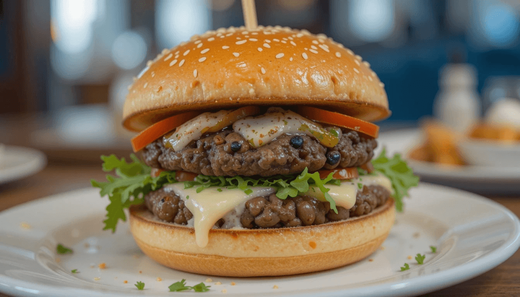 Vegetarian Black Bean Burger with crumbled Queso Cotija, corn, cilantro, and fresh toppings on a bun.