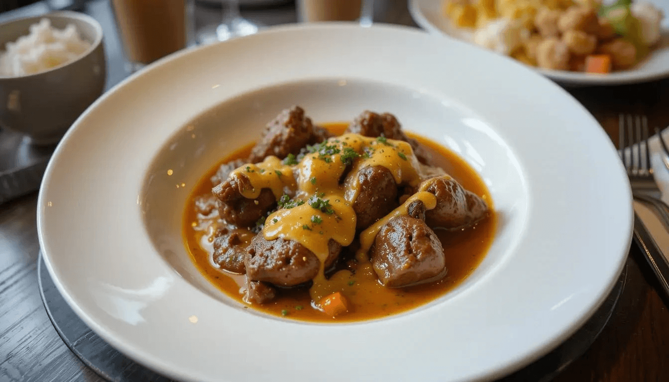 A classic French beef kidney (rognon) dish served with a creamy mustard sauce and fresh herbs.