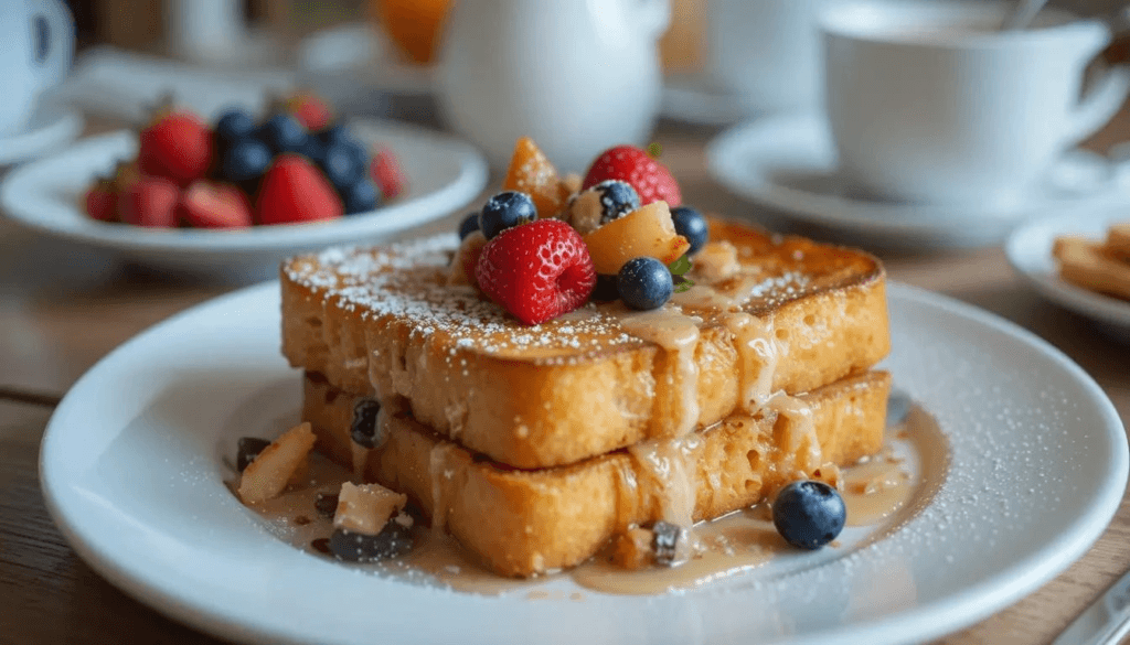 Basic French toast breakfast with syrup and powdered sugar