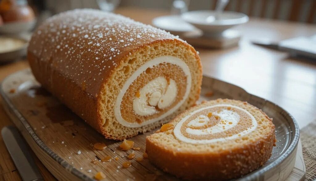 Japanese-Style Apple and Honey Roll Cake with fluffy sponge and apple compote filling.