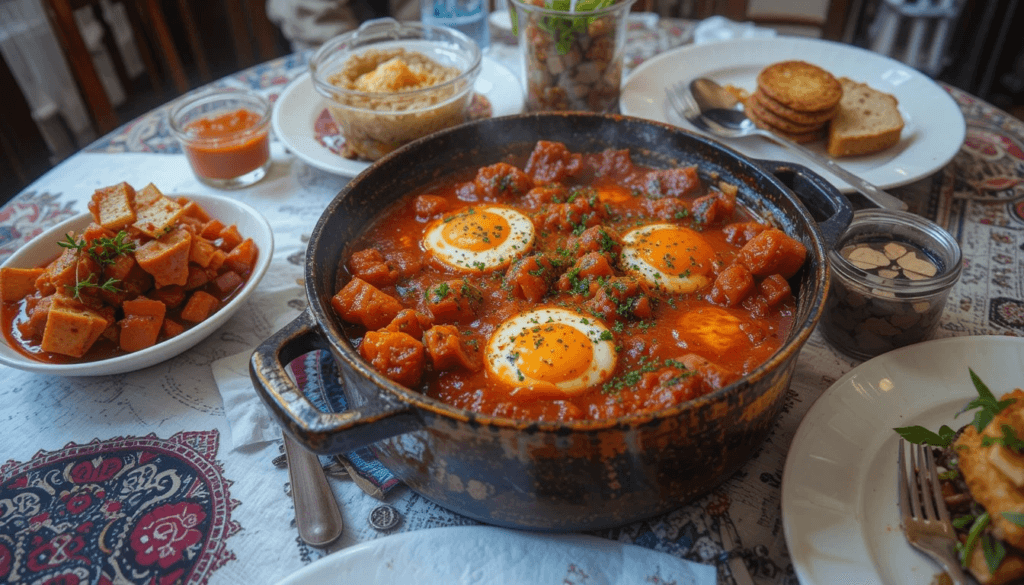 Traditional Arabic breakfast Shakshuka with poached eggs in spiced tomato sauce.