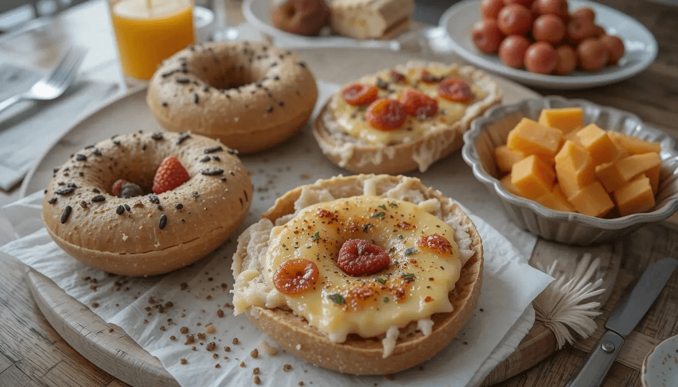 Freshly baked sourdough bagels with a golden crust and sesame seed topping, ready to be enjoyed.