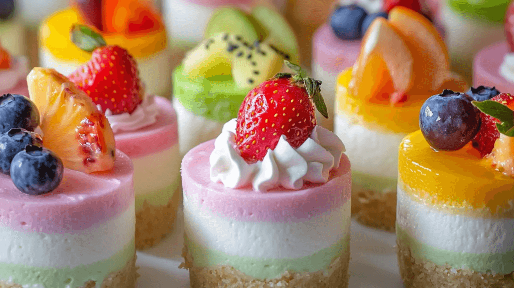 Mini cheesecakes topped with fresh berries in a muffin pan.