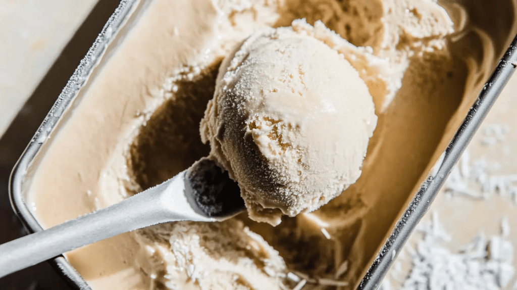 Creamy coconut milk ice cream served in a bowl with a spoon and garnished with coconut flakes.