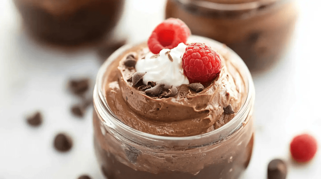 Vegan chocolate avocado mousse served in a bowl with a spoon, garnished with berries.