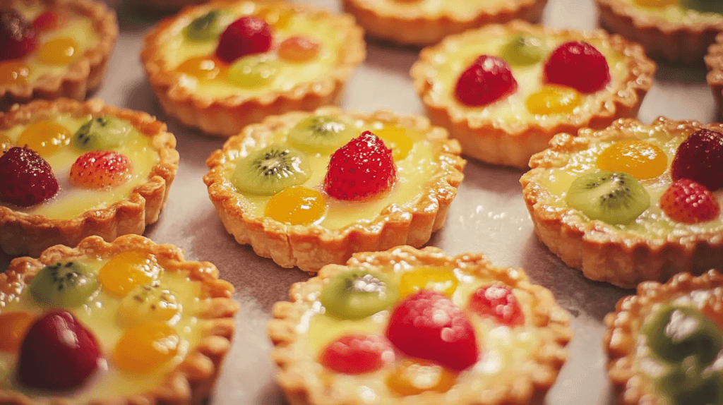 Colorful fruit tartlets filled with creamy custard and topped with fresh berries and kiwi.