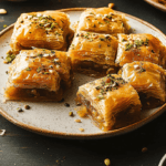 Traditional Greek desserts like baklava, loukoumades, and galaktoboureko on a platter with honey and nuts.